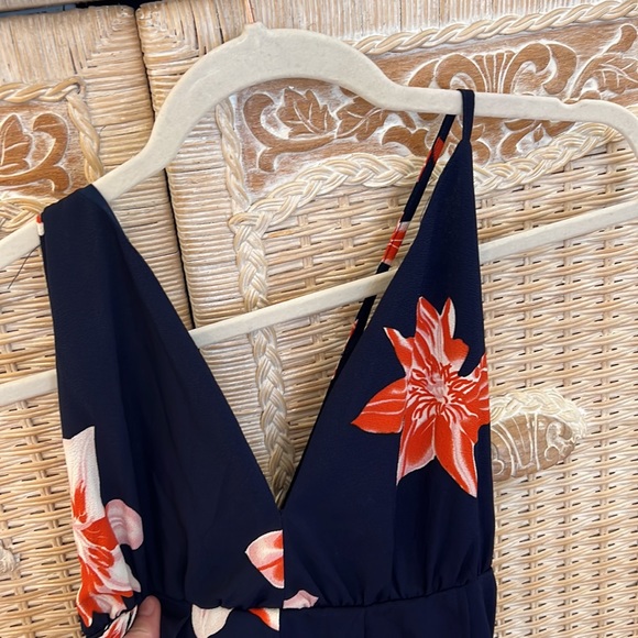 Beautiful backless floor length dress~large~navy blue, orangey coral & white - Picture 2 of 5